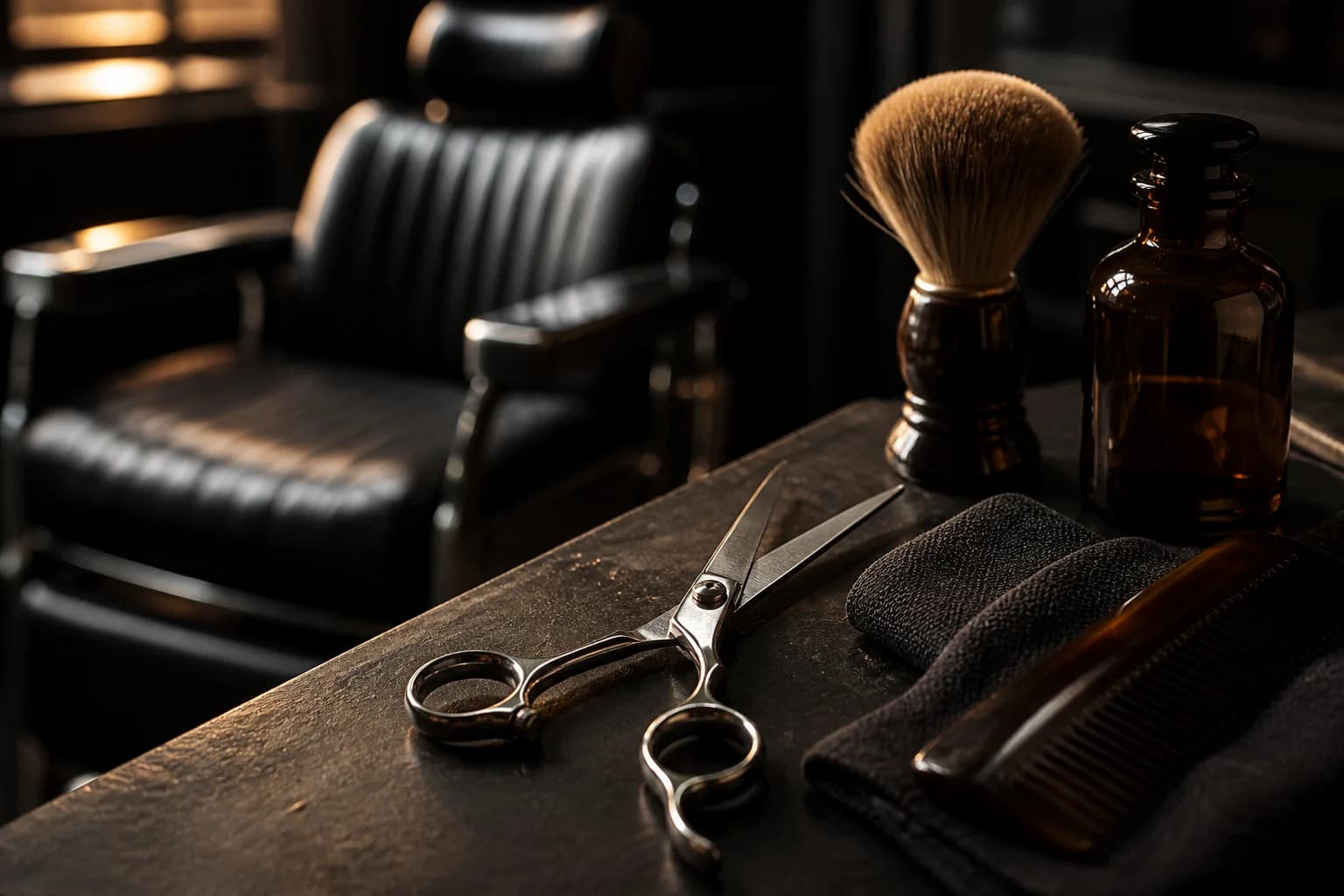 Tijeras, peine y herramientas sobre una estación de barbería de ambientación